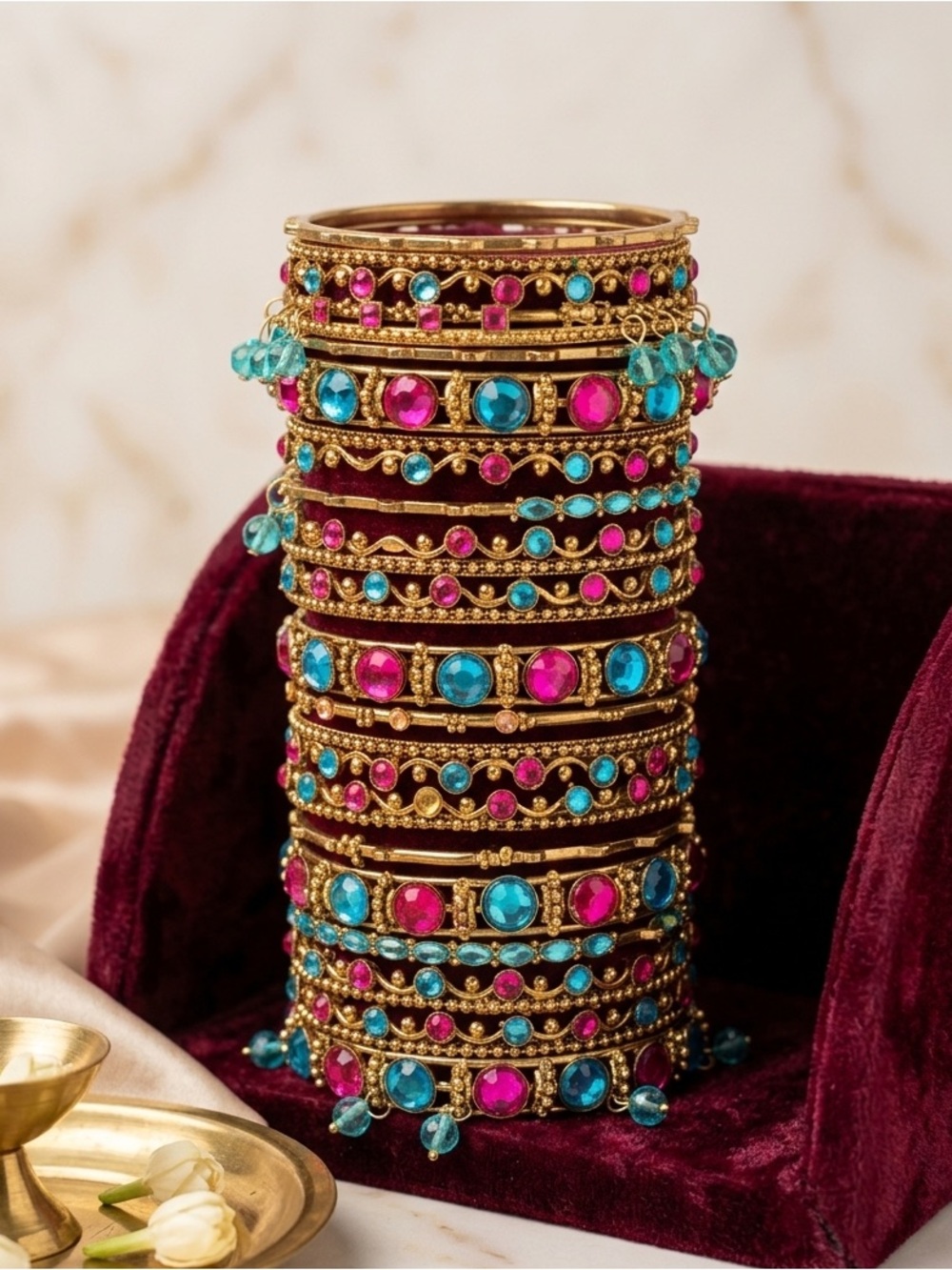 Gold Tone Pink & Blue Stone Stackable Bangles - Women Jewelry